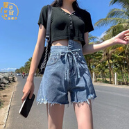 蔓草寇超短褲露臀鏈條牛仔短褲女2023年新款mm開(kāi)叉高腰熱褲歐美辣妹風(fēng)潮 藍色【不規則綁帶短褲】 M碼【95-105斤】
