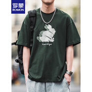 羅蒙（ROMON）290g重磅嘿馬七作原創(chuàng)夏季男款日系涂鴉印花短袖T恤情侶打底衫潮 墨綠色-290g S 100-120斤