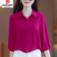 皮爾卡丹（pierre cardin）中國風秋季襯衫寬松顯瘦百搭襯衣氣質(zhì)七分袖遮肚子盤扣上衣女小衫 玫紅色 建議110-125斤 XL
