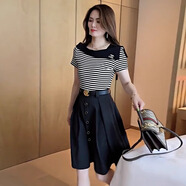 冰洋紅2025新款連衣裙子夏天衣服女裝夏季A字裙拼接假兩件顯瘦氣質中裙 黑條紋 2XL (建議130-145斤)