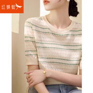 紅蜻蜓圓領短袖上衣t恤女2025年夏季新款提花挑孔條紋冰絲針織衫女 杏色短袖 均碼 【適合80-145斤】