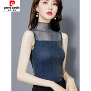 皮爾卡丹（pierre cardin）蕾絲高領(lǐng)網(wǎng)紗打底衫女春夏新款亮絲緊身內(nèi)搭上衣無袖t恤薄款 藍(lán)色 M
