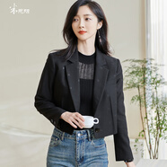 米思陽(yáng)（missshine）2024春季新款時(shí)尚設(shè)計(jì)感短款西裝壓花拼接一?？弁馓着?650 黑色 L