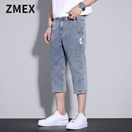 ZMEX牛仔短褲男士大碼夏秋薄款男款中褲胖子馬褲外穿牛仔褲男士七分褲 (單件裝)498淺藍 M_[90-105斤]