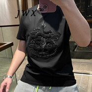 JWX香港潮牌本命年絲光純棉T恤男 2025夏季新款刺繡休閑大碼修身短袖 黑色 火焰龍T恤 2XL (140-155斤)