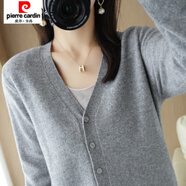 皮爾卡丹（pierre cardin）反季春秋新款V領(lǐng)羊毛開(kāi)衫女外搭純色大碼毛衣打底針織衫外搭 灰色 135-150斤 2XL