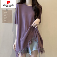 皮爾卡丹（pierre cardin）夏季大碼胖mm200斤設(shè)計(jì)感小眾中長(zhǎng)款T恤女短袖遮肚子個(gè)性流蘇上衣 紫色 【面料】 2XL 【建議126-150斤】