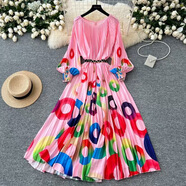 歐美風(fēng)2024新款女裝連衣裙超大裙擺印花百褶收腰系帶度假休閑長(cháng)裙 18 均碼