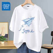 真維斯（Jeanswest）短袖t恤男純棉2025春夏新款青少年半截袖美式高街重磅潮牌打底衫 白色(折紙飛機(jī)) XL (180) (不起球不掉色)