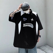 賢語(yǔ)大碼300斤美式重磅半拉鏈翻領(lǐng)t恤上衣男2025潮流polo衫機(jī)車(chē)短袖夏 黑色 5XL 200-220