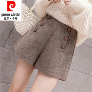 皮爾卡丹（pierre cardin）人字短褲呢女短褲秋冬外穿新款寬松大i碼排扣高腰打底毛呢短褲 卡其色  加厚 S 80-90斤