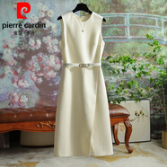皮爾卡丹（pierre cardin）送腰帶大l碼氣質(zhì)2025夏連衣裙收腰顯瘦圓領(lǐng)前開(kāi)叉無(wú)袖純色裙子針 【2797#】米白色 2XL 130-145斤