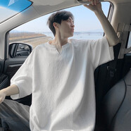 主意范（ZHUYIFAN）大碼v領(lǐng)冰絲短袖t恤男夏季薄款衣服高級感男士寬松大碼男裝上衣潮 白色 3XL