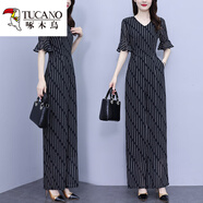 啄木鳥(niǎo)時(shí)尚氣質(zhì)條紋闊腿連體褲套裝女夏季2025新款高端雪紡連衣褲連身褲 黑色 M 建議95-104斤