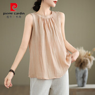皮爾卡丹（pierre cardin）2025新款夏季復古褶皺苧麻寬松背心棉麻女裝洋氣無(wú)袖外穿上衣t恤 蜜桃粉 M 建議95-115斤