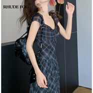 RHUDE FOG品牌女裝連衣裙女2025夏季新款小個(gè)子蕾絲花邊小飛袖拼接顯瘦長(zhǎng)裙 冰冷格子 M