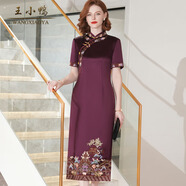 王小鴨2025春旗袍改良版連衣裙女新手工刺繡輕款婚禮媽媽禮服端莊 2XL拉菲紅