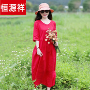 恒源祥2025新款純色亞麻中袖連衣裙女夏寬松顯瘦棉麻中長(cháng)裙 大紅 L 【115-130斤】