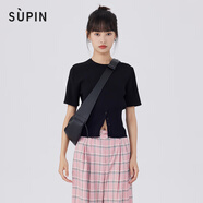 速品SUPIN女裝圓領(lǐng)半開襟短袖針織夏季新款休閑修身拼接條紋針織衫 N13黑色 S