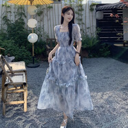 GOCHIEI復(fù)古方領(lǐng)碎花連衣裙女夏季2023新款超仙森系收腰顯瘦木耳邊長裙子 圖片色 M 建議91-100