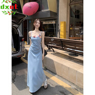 DXOT2025年新款海邊度假絕美花朵吊帶連衣裙女顯瘦收腰法式氣質(zhì)長(cháng)裙子 藍色 M 建議95-105斤