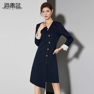 海青藍(lán)（CYANINE SEA）氣質(zhì)名媛連衣裙女2024秋裝新款輕熟風(fēng)不規(guī)則裙擺顯瘦裙子通勤顯瘦 深藍(lán)色 M