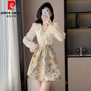 皮爾卡丹（pierre cardin）法式假兩件荷葉邊v領(lǐng)連衣裙女長(zhǎng)袖春秋高級(jí)感宮廷復(fù)古蓬蓬a字裙 花色 S