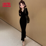 UKMR2025新款黑色v領(lǐng)針織連衣裙子女春季氣質(zhì)內(nèi)搭修身魚尾包臀長裙 【黑色】 L 100-115斤