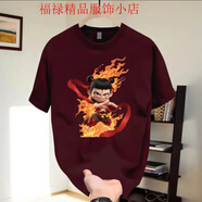 森馬（Semir）2025新款夏季國潮小眾百搭寬松設計潮流哪吒印花男圓領短袖T 酒紅色短袖(前-Q0563) S 建議90-110斤