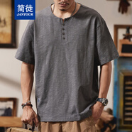 簡(jiǎn)徒（JANTOUR）夏季短袖透氣T恤男裝美式復(fù)古亨利領(lǐng)寬松大碼百搭半袖上衣男 深灰 XL