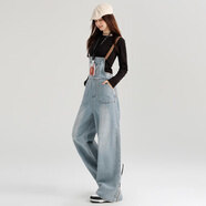 約克兔（YueKeTu）韓系牛仔闊腿背帶褲女春秋季新品百搭學(xué)院風(fēng)寬松拖地牛仔背帶褲 淺藍長(cháng)褲 M