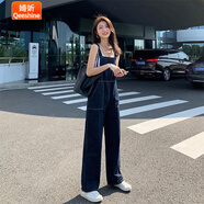 婍妡牛仔背帶褲女減齡2025春新款寬松闊腿直筒高腰大口袋連體工裝長褲 深藍(lán)色 S