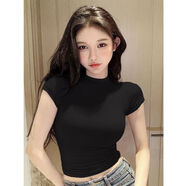 桃伊悠（taoyiyou）純欲緊身短款茶藝紫色短袖t恤女夏直播顯身材甜辣妹chic正肩上衣 黑色 S 建議80-95斤