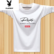 花花公子（PLAYBOY）春季長袖t恤男純棉青年圓領韓版潮薄款百搭秋衣打底衫加大號ins 大R袖長白色 2XL 建議135-150斤