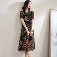 米思陽(yáng)（missshine）夏裝新款時(shí)尚復古印花雪紡裙拼接醋酸中長(cháng)款連衣裙1123 黑色 L