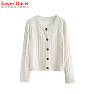 LOVER RUCCI秋冬100%純棉開衫外套女短款低圓領(lǐng)長(zhǎng)袖外穿百搭新款麻花加厚毛衣 白色 XL 【121-130斤】