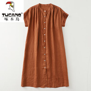 啄木鳥(niǎo)（TUCANO）亞麻襯衫裙女夏寬松顯瘦氣質(zhì)日系小眾設計感褶皺全開(kāi)襟棉麻連衣裙 焦糖色 L【建議105-125斤】