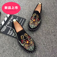 昂秉正宗老北京布鞋潮流刺繡男款精神小伙帥氣帆臉譜休閑豆豆鞋子懶人 品牌-ll雙龍戲珠ll- 37 偏小一碼