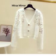 Mirza Mirror韓版拼接短款V領(lǐng)毛衣外套女2025秋冬新款設(shè)計感毛針織開衫 白色 均碼