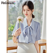 品彩（PinCai）短袖襯衫女職業(yè)穿搭蝴蝶結(jié)系帶襯衣優(yōu)雅時尚上衣 P144C1891