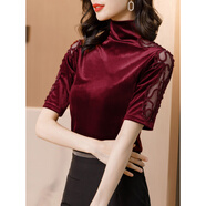筑凡夏天穿的女士t恤蕾絲高領(lǐng)早秋半打底衫女短袖金絲絨上衣半袖T恤 紅色 XL