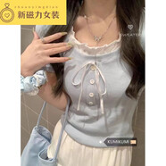 細熙韓系甜美撞色拼接假兩件短袖T恤女夏季減齡修身顯瘦溫柔短款上衣 淺藍色 均碼 s