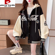 皮爾卡丹（pierre cardin）秋季美式復(fù)古中大童學(xué)院風(fēng)加絨棒球服休閑運(yùn)動(dòng)紐扣開衫外套女衛(wèi)衣 黑色【棒球服-外套】 M 120 【建議身高110c左右】