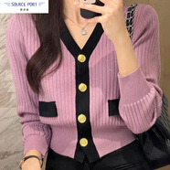 壹源港短款小香風(fēng)V領(lǐng)毛衣女春夏2025新款女裝長袖針織開衫女外套上衣服 1231_紫色 S