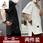稻草人（MEXICAN）隱藏式口袋短袖t恤男士夏季新款半袖圓領(lǐng)打底衫純色大碼男裝T體恤 隱藏式口袋T恤-黑色+白色 5XL [175-200斤]