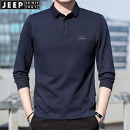 JEEP SPIRIT吉普休閑翻領(lǐng)長袖t恤男寬松春秋純色體恤衫大碼棉質(zhì)繡標開衩上衣 寶藍 常規(guī) L 175/96A 建議135-145斤
