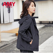 愛(ài)麥依2026春秋外套女短款長(cháng)袖休閑寬松薄款連帽夾克上衣新款百搭 黑色-雙層有內里 M 建議80-100斤