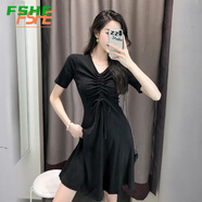 FSHE短袖連衣裙2025夏季氣質(zhì)中長(zhǎng)款學(xué)生休閑收腰顯瘦V領(lǐng)抽繩褶皺 黑色 L 建議100~110斤