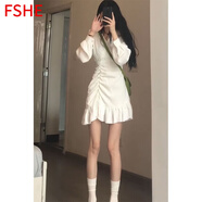 FSHE法式甜美溫柔風(fēng)連衣裙小眾名媛不規(guī)則小個子氣質(zhì)收腰顯瘦秋季短裙 白色初戀連衣裙 M