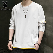 花花公子（PLAYBOY）純棉長(cháng)袖T恤男士衛衣春秋季薄款假兩件潮流體恤上衣服打底衫男裝 37白色 XL